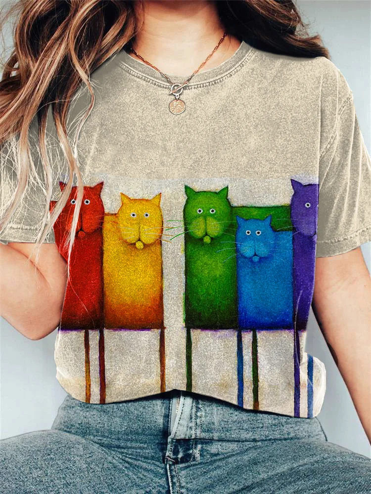 Vintage Cat Print Cotton Casual T-Shirt