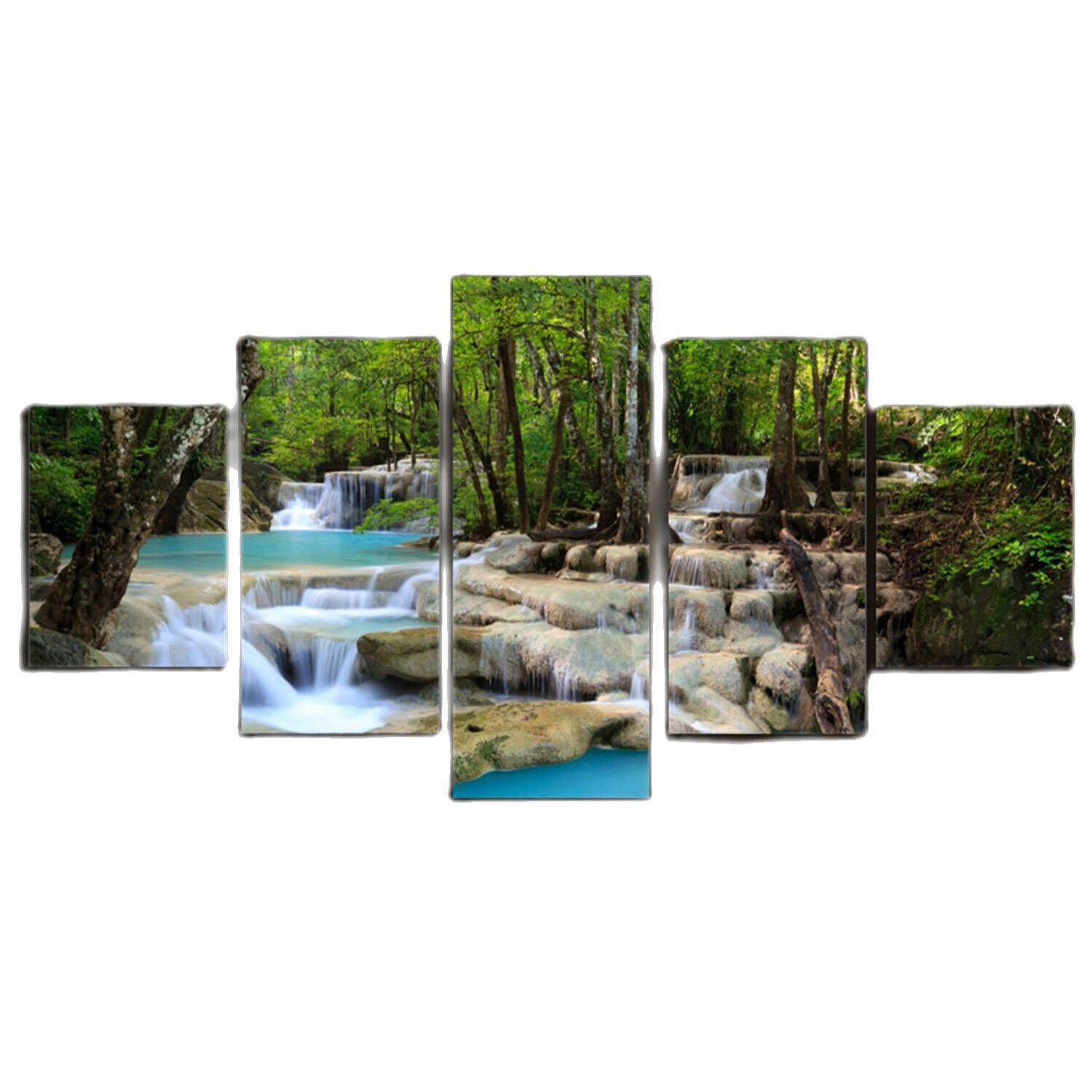 5 Pieces Waterfall Nature Forest Landscape Mural Wall Print Art Canvas Posters Painting for Living Room Home Decor Pictures