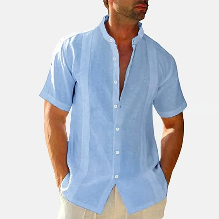 BrosWear Men'S Cotton Linen Stand Collar Stripe Splicing Short Sleeve Shirt