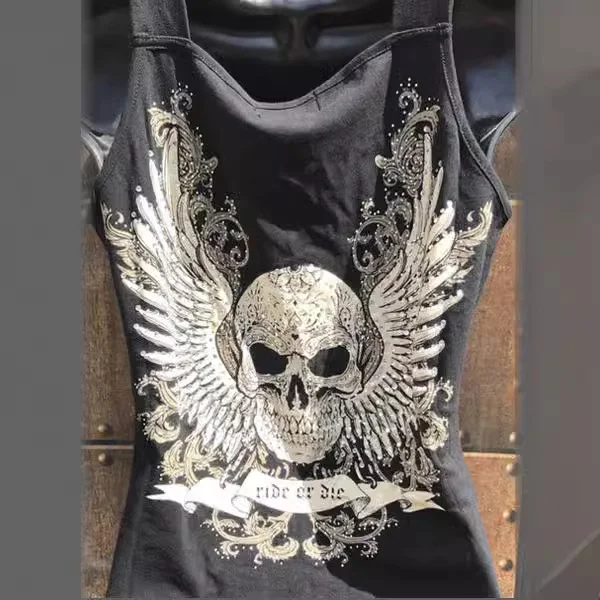 Wongn Wongn 2024 Alion Women's Skull Print Sleeveless Vest T-Shirt