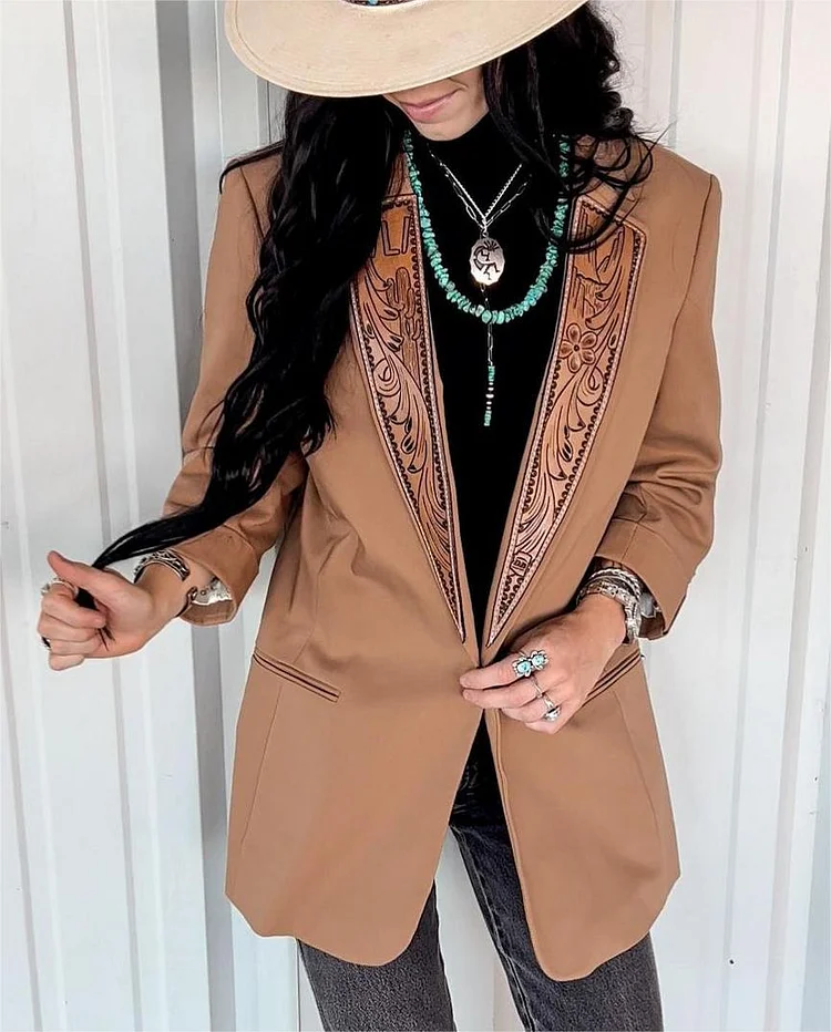 Khaki Vintage Workwear Leather Blazer