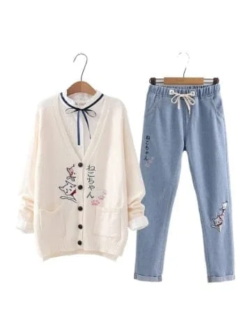 pornhint Pornhint Women Sets Cartoon Cat Embroidery Knitted Cardigan And Elastic Waist Denim Pants Pocket Jeans Solid Blouse 3 Piece Set Clothes