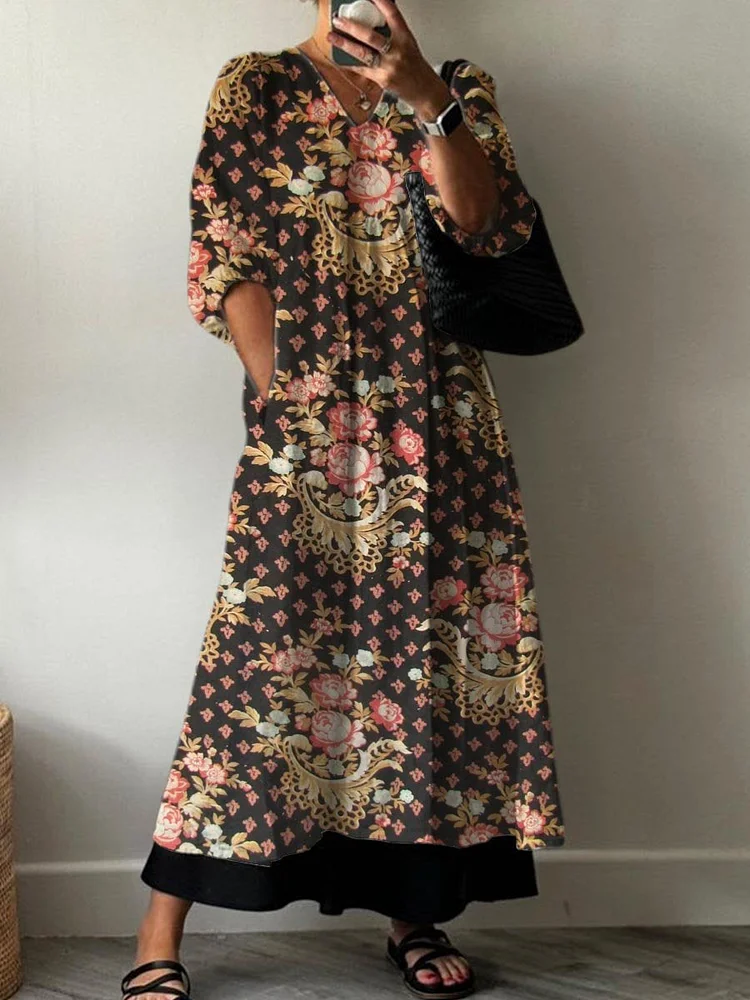 Women's Vintage Lovely Floral Art Print Pocket V-neck Cotton Dress