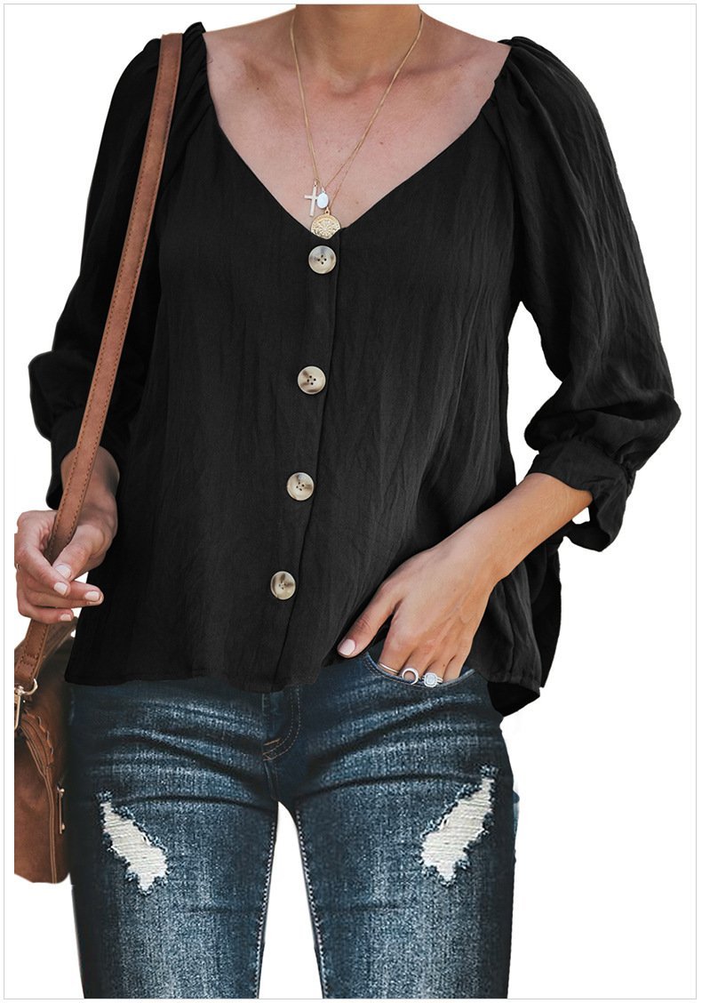 Solid Color V-neck Long-sleeved Button Shirt