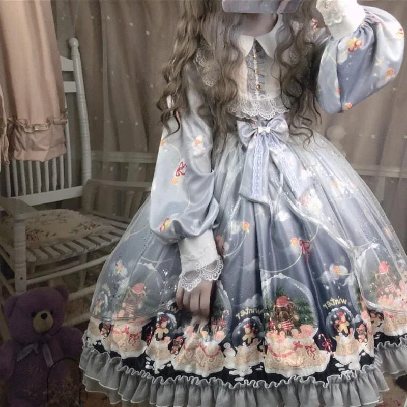 Lolita Japan Gothic Party Dress Soft Sisiter Bow Lace Blue Dress Women Princess Dress Halloween Costume For Girls Vintage
