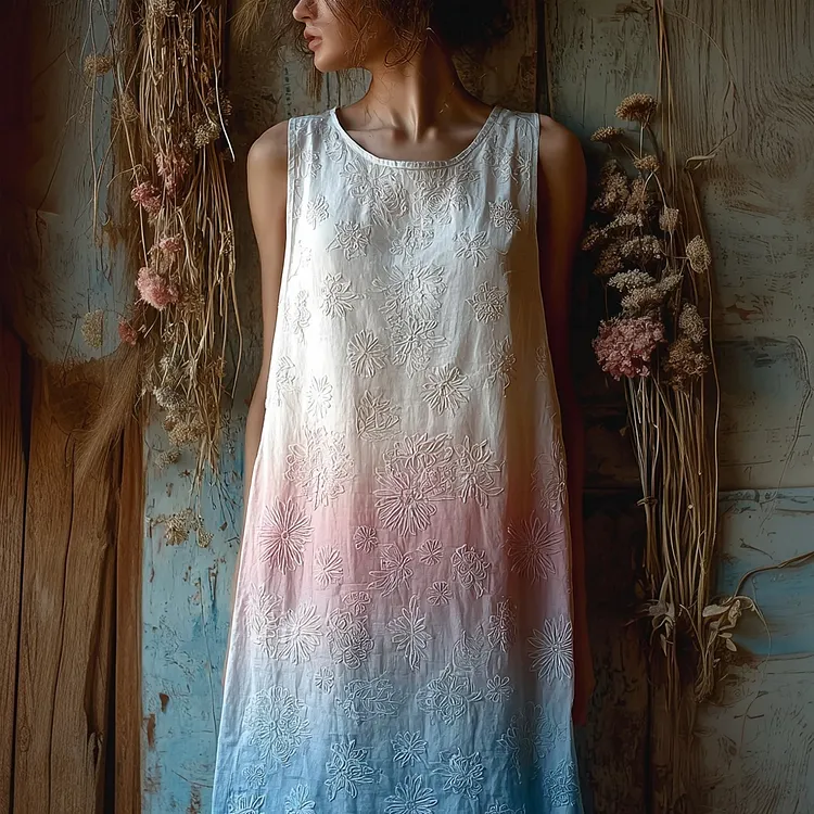 Vintage Trans Flag Color Gradient Floral Linen Midi Dress
