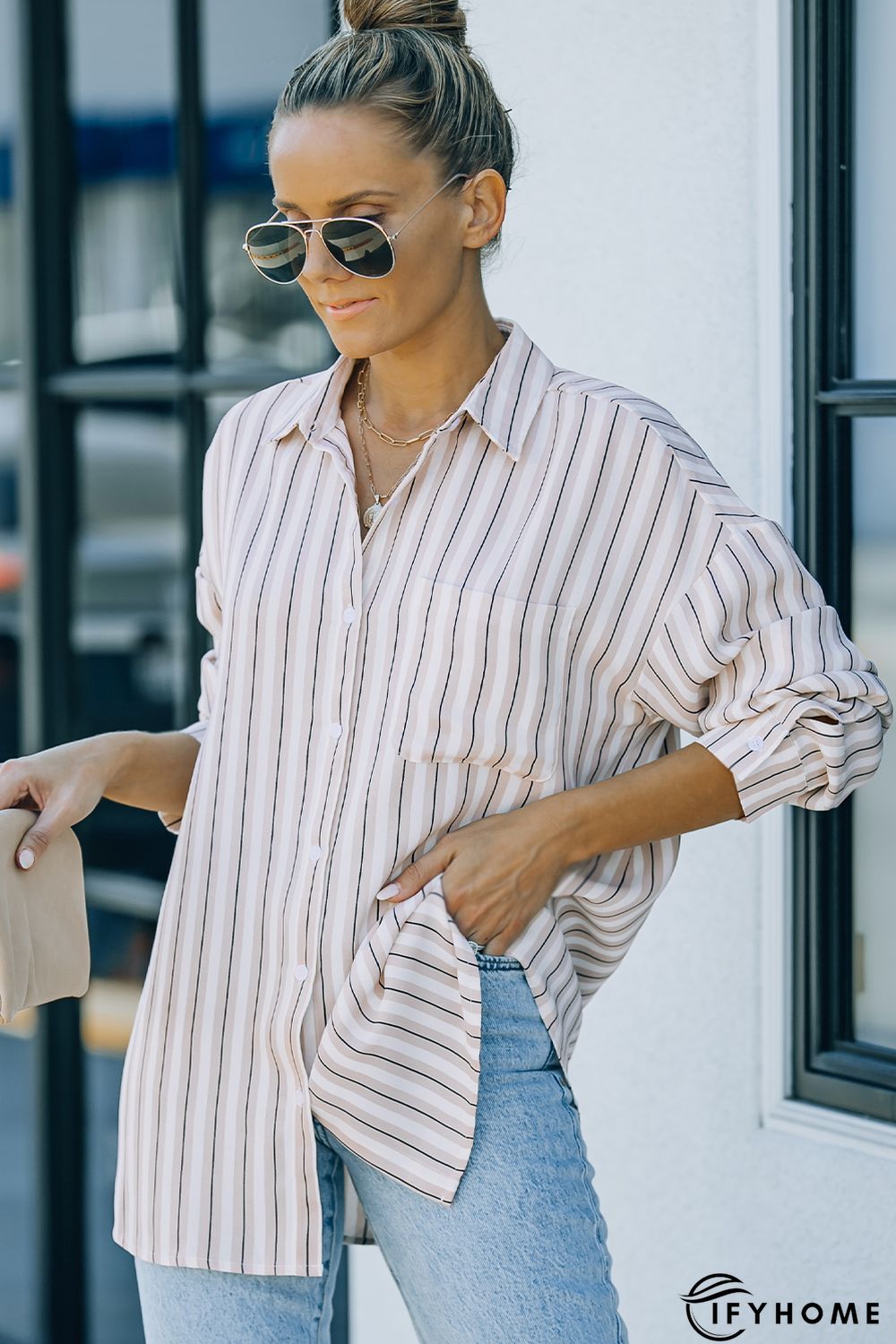 Khaki Striped Buttons Closure Long Sleeve Shirt | IFYHOME