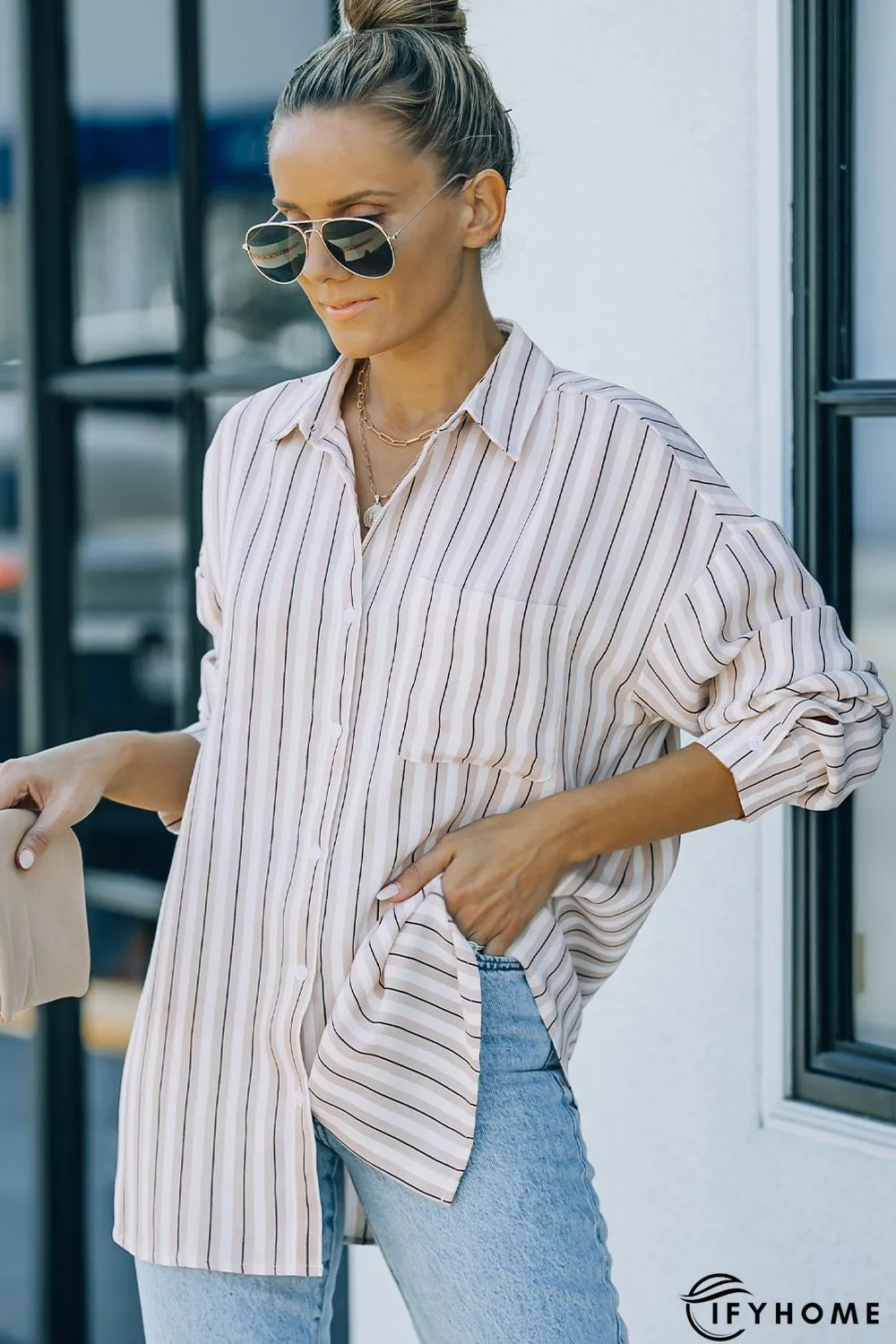 Khaki Striped Buttons Closure Long Sleeve Shirt | IFYHOME