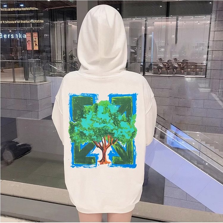 Off White Hoodie Men's Casual Green Forest Environmental Protection Series Comfortable Embroidered Printed Sweater Owt