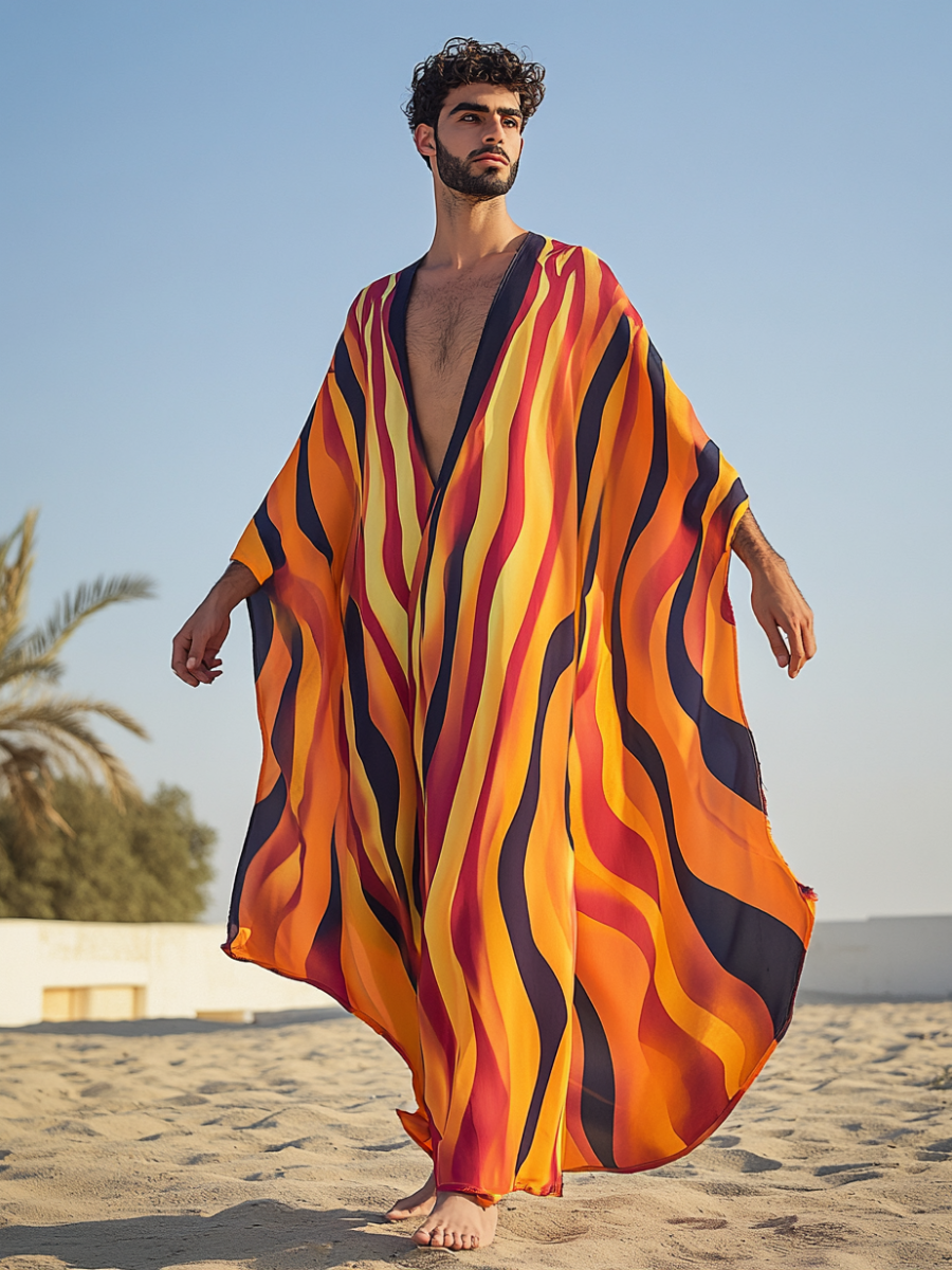 Men's Red and Yellow Flame Polyester V-Neck Robe