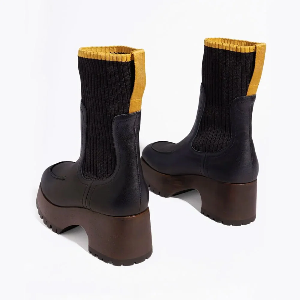 Fashion Black Square Toe Chunky Mid Heel Knit Platform Booties