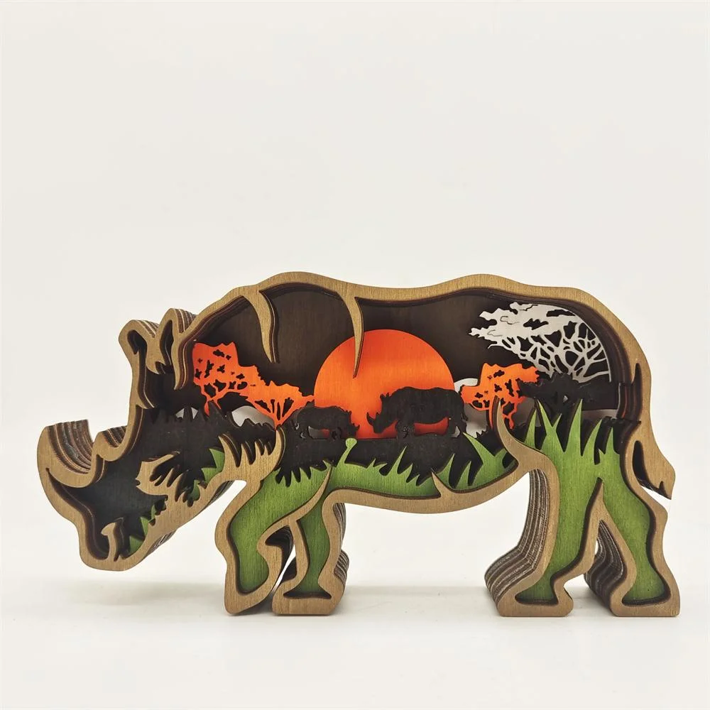 Purexcellent&trade; New creative home desktop wood carving rhinocero crafts ornaments