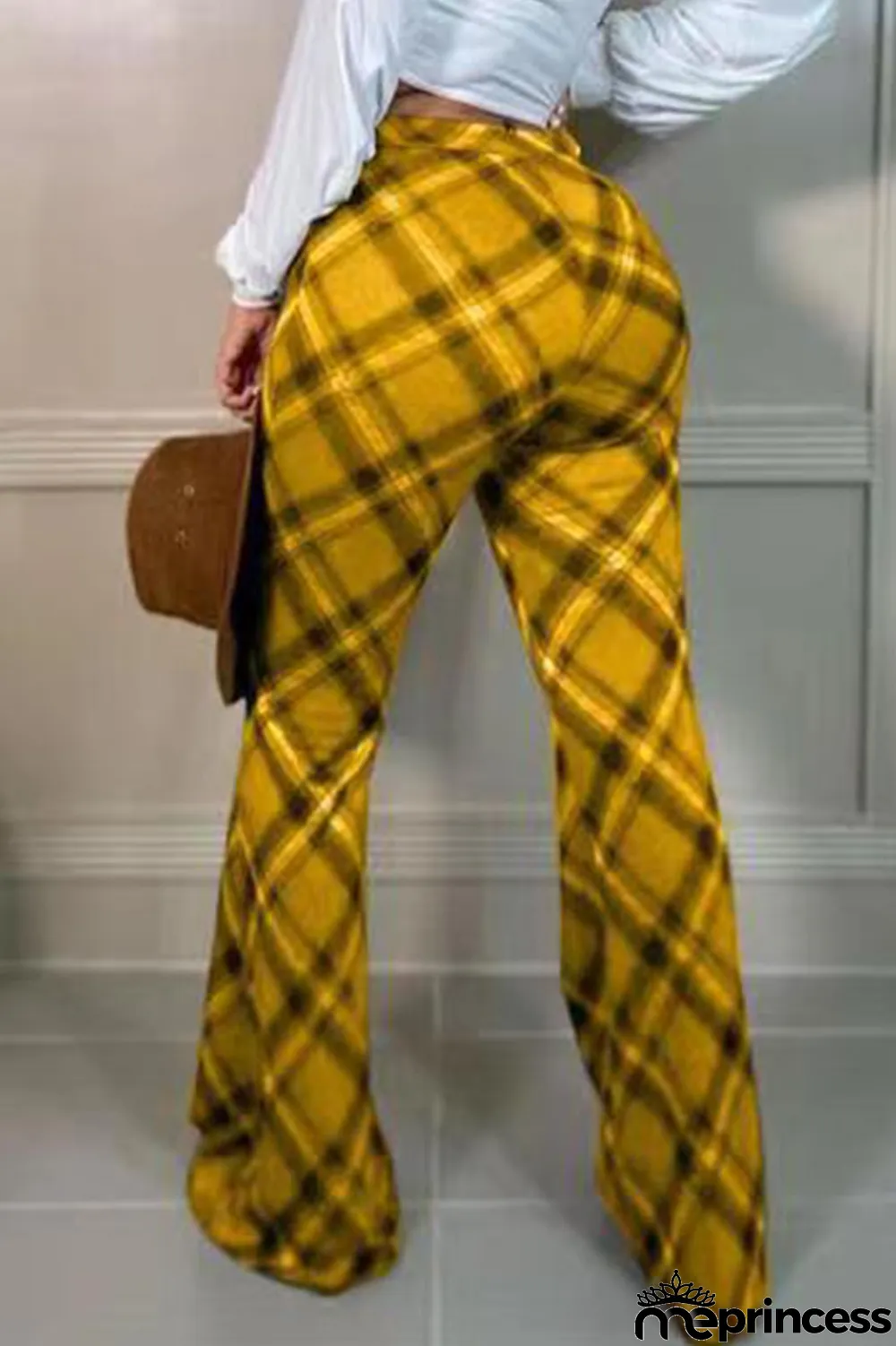 Yellow Casual Plaid Print Patchwork Straight High Waist Straight Full Print Bottoms