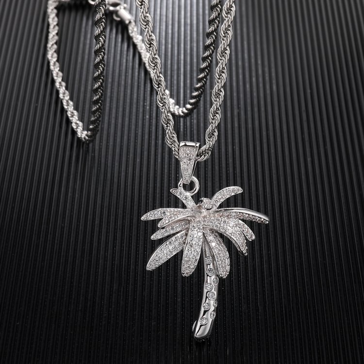 Iced Out Gold Silver Palm Tree Pendant Necklace