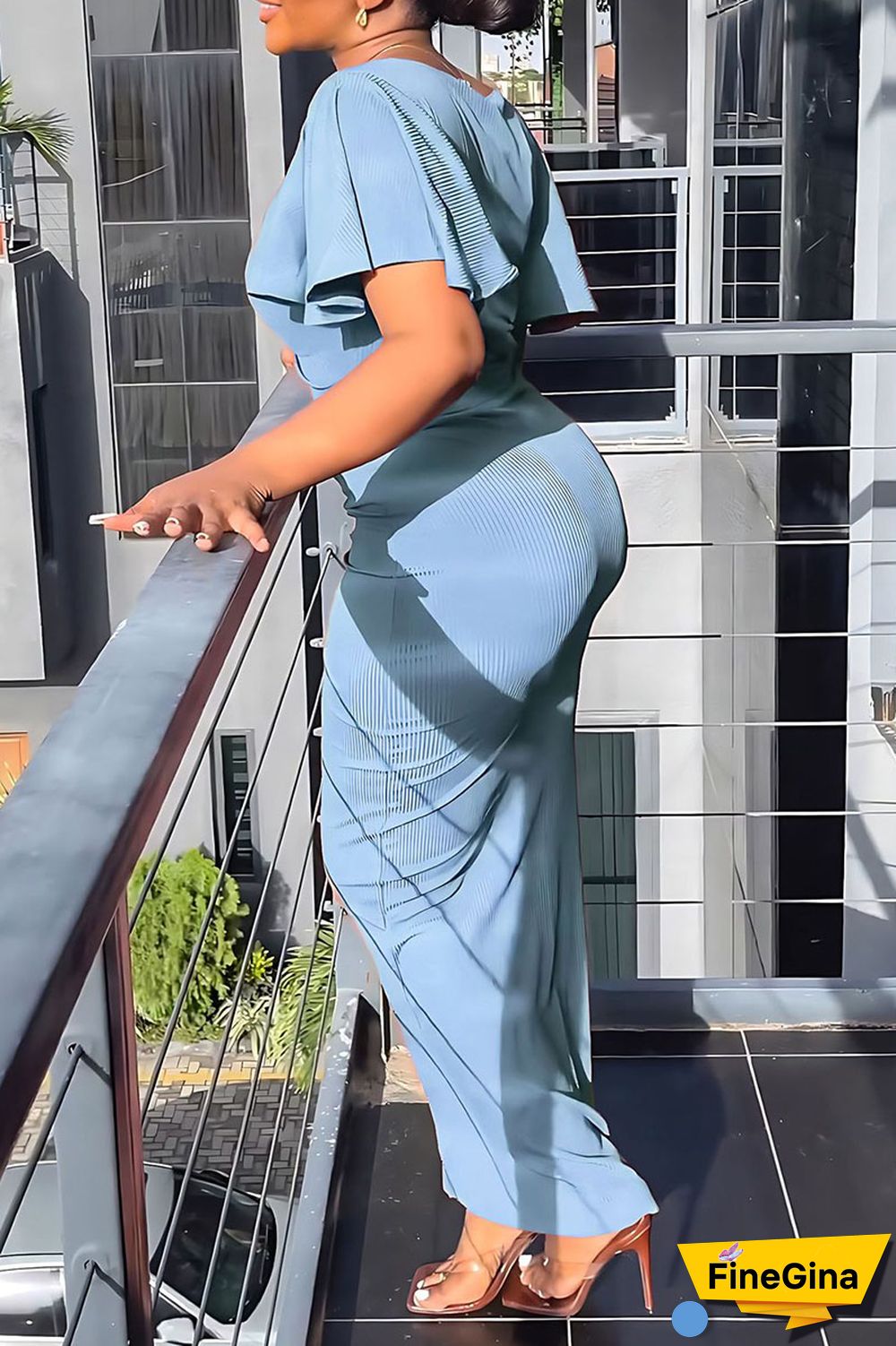 Blue Elegant Solid Patchwork Fold V Neck Short Sleeve Two Pieces