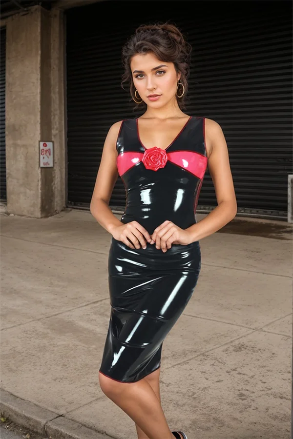 Women Latex Dress Elegant Black Pencil Dress Rose Embellishment