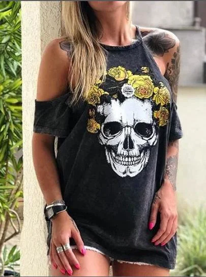 Loose Off-the-shoulder Skull Print T-shirt-Mayoulove