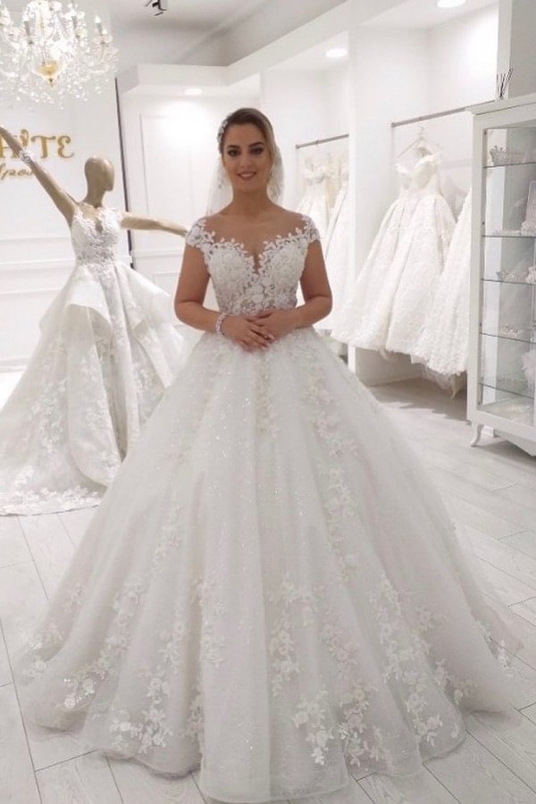 Unique A-Line Tulle Floor-length Ruffles Wedding Dress With Appliques Lace | Ballbellas Ballbellas