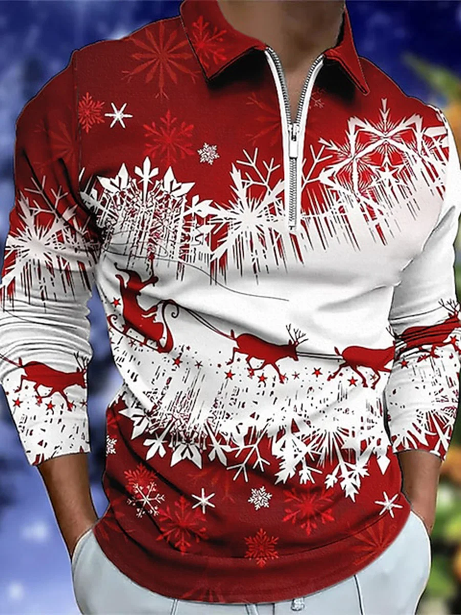 Men's Christmas Snowflake Elk Casual Print Polo Shirt