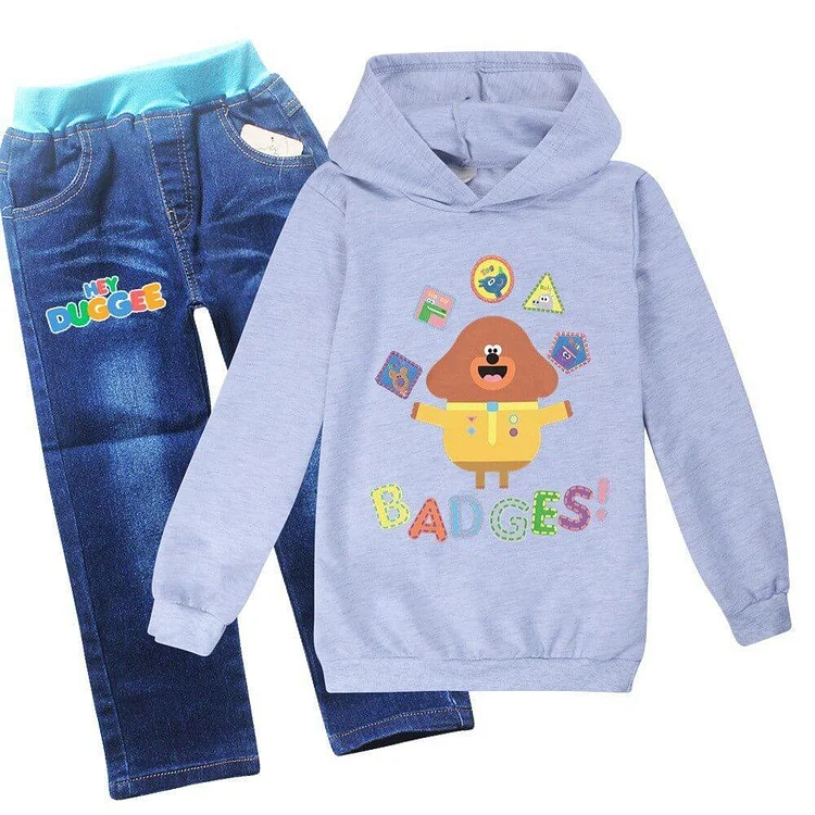 4-12 Years Girls Boys Duggee Printed Hoodie And Blue Jeans Outfit Set-Mayoulove