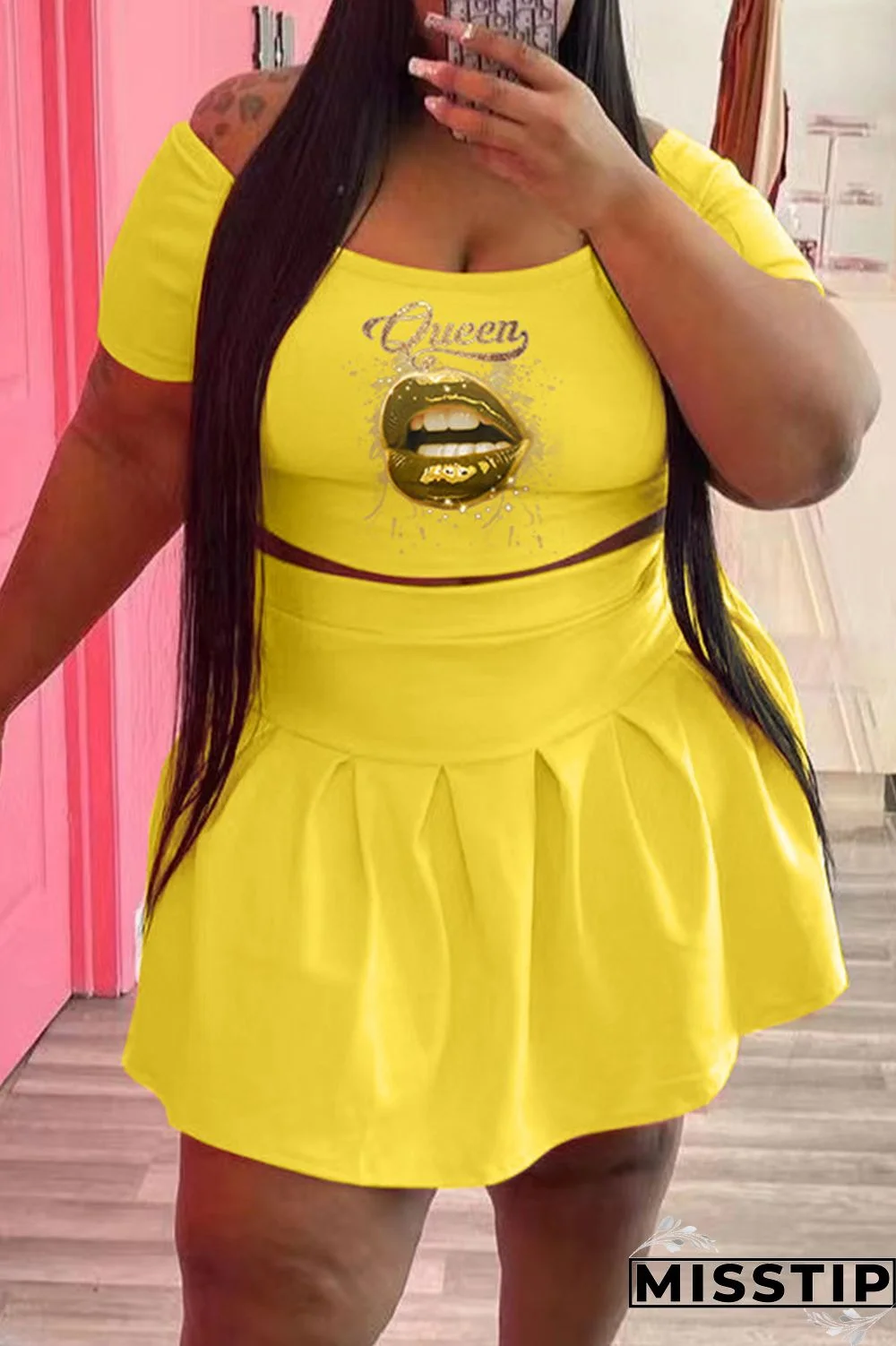 Black Fashion Casual Lips Printed Basic O Neck Short Sleeve Two Pieces