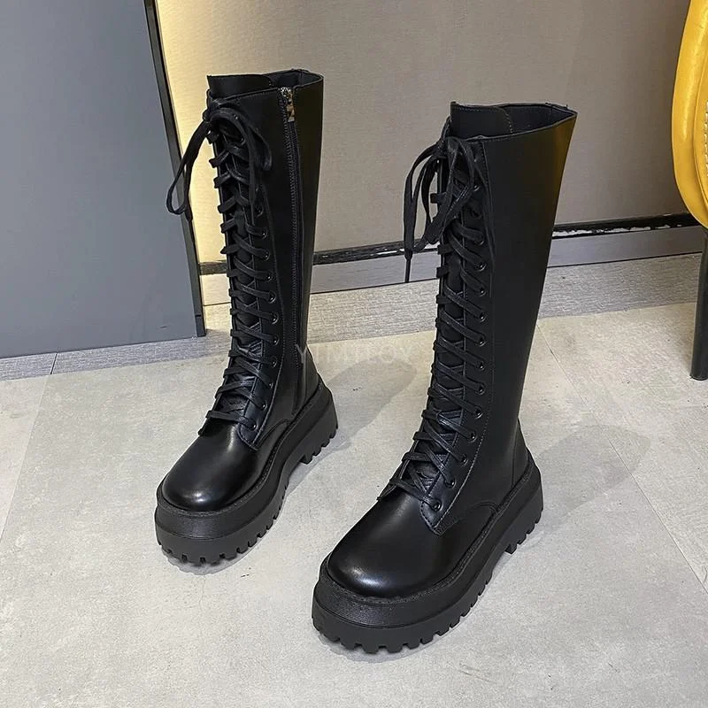 2021 New Thicken Winter Knight Boots Women Knee High Long Square Heel Retro Thick Motorcycle Black White Botas Mujer
