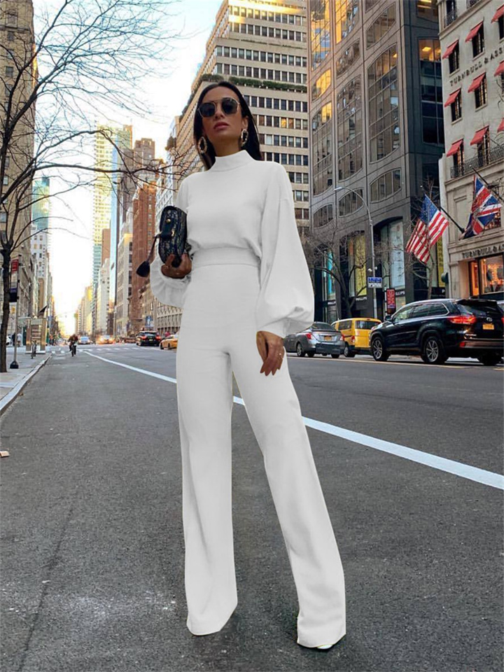 Women's Basic Fashion Streetwear Party Daily Crew Neck Green White Black Jumpsuit Solid Color Zipper Lantern Sleeve