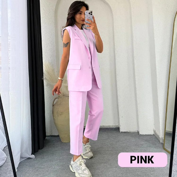 Women’s Stylish Sleeveless Blazer & High-Waisted Pants Set