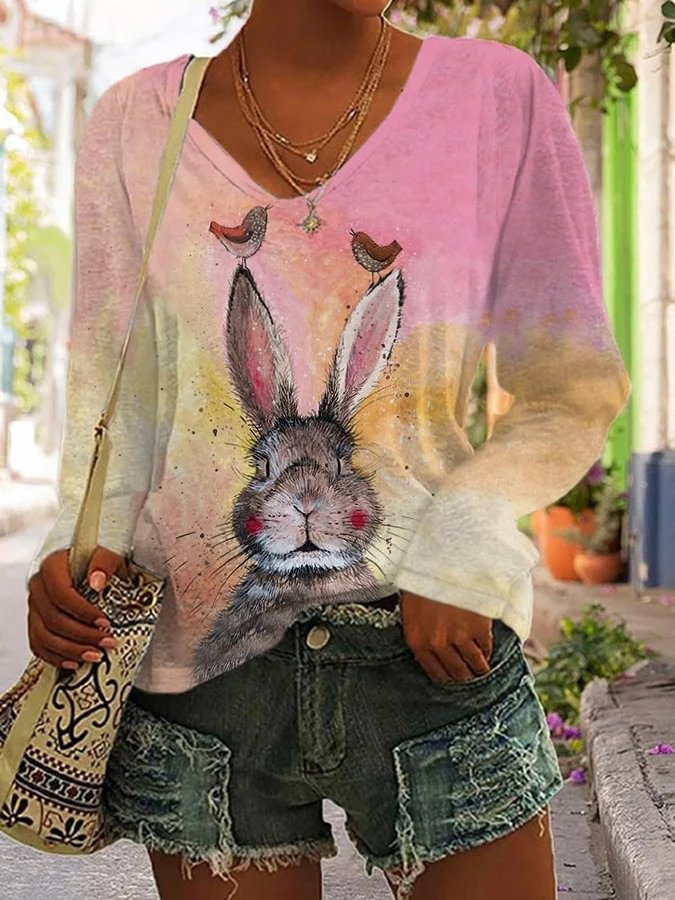 Women's Easter Cute Bunny Print Long-Sleeve T-Shirt