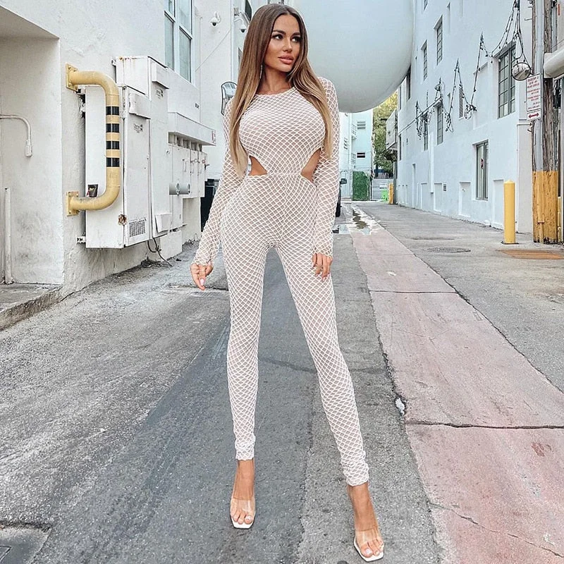 OEM Fishing Net Hollow Out Sexy Women's Jumpsuits Long Sleeve Grid Transparent Skinny One Piece Casual Women Jumpsuit Solid