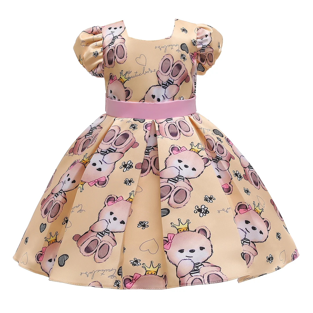 Buzzdaisy Bear Princess Dress For Girl Square Neck Vintage Skirt Aline Dress Puff Sleeves Light Weight Cotton School