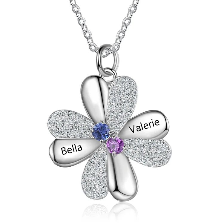 Four Leaf Clover Necklace Custom 2 Birthstones and Names for Her