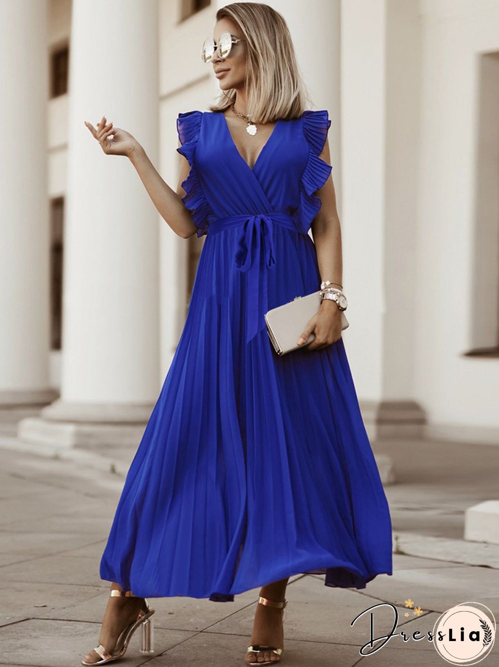 New Summer Solid Color Sleeveless Pleated Chiffon Dress Slim Temperament Dress Belt Tie Temperament Women's Dress White Dress