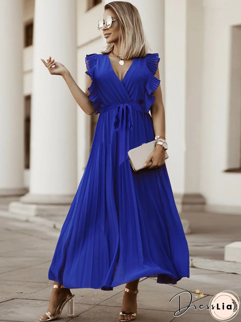 New Summer Solid Color Sleeveless Pleated Chiffon Dress Slim Temperament Dress Belt Tie Temperament Women's Dress White Dress