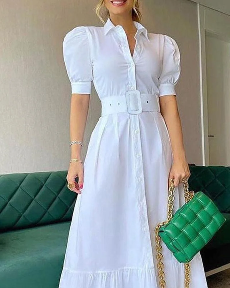 High Waist Temperament Solid Color Belt Dress