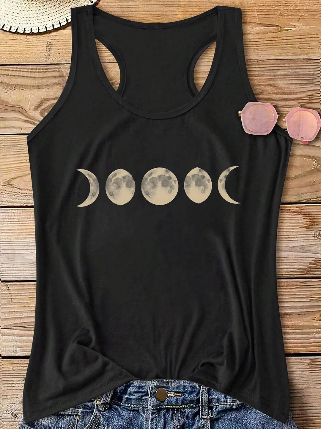 Women's " Cycle Of The Moon" Graphic Tank Top - Black Sleeveless Casual Summer Top With Moon Phases Print, Nature-Inspired Design, Soft Polyester Fabric, Perfect For Spring And Summer, Spring Fashion Top | Mysterious Motif | Soft Fabric Ve | IFYHOME