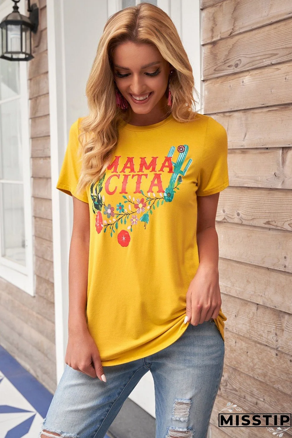 Women Yellow Mamacita with Cactus Casual Short Sleeve Tee
