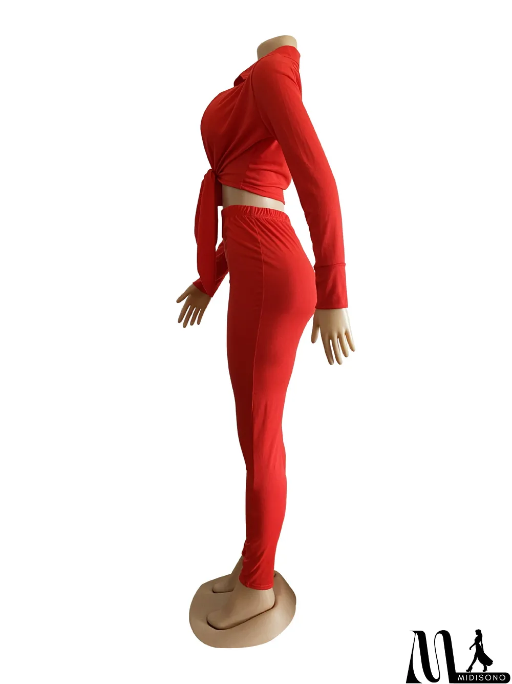 MidiSono - Solid Long Sleeve Tie Up Two Piece Pants Set