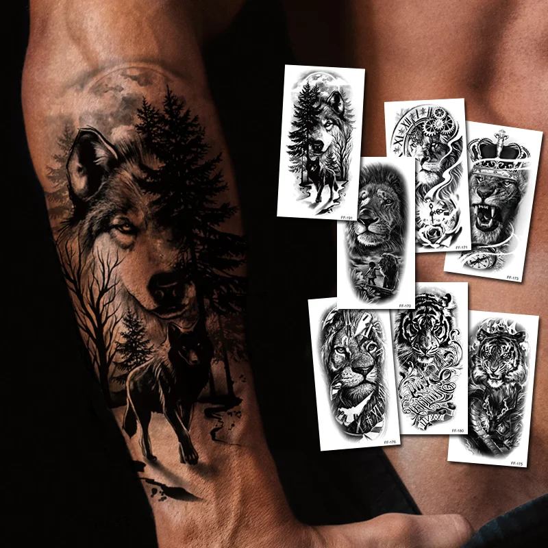 Sdrawing Animal Temporary Tattoo Sticker Black Lion King Wolf Tiger Men Body Art Painting Tattoo Fake Water Transfer Sexy Women