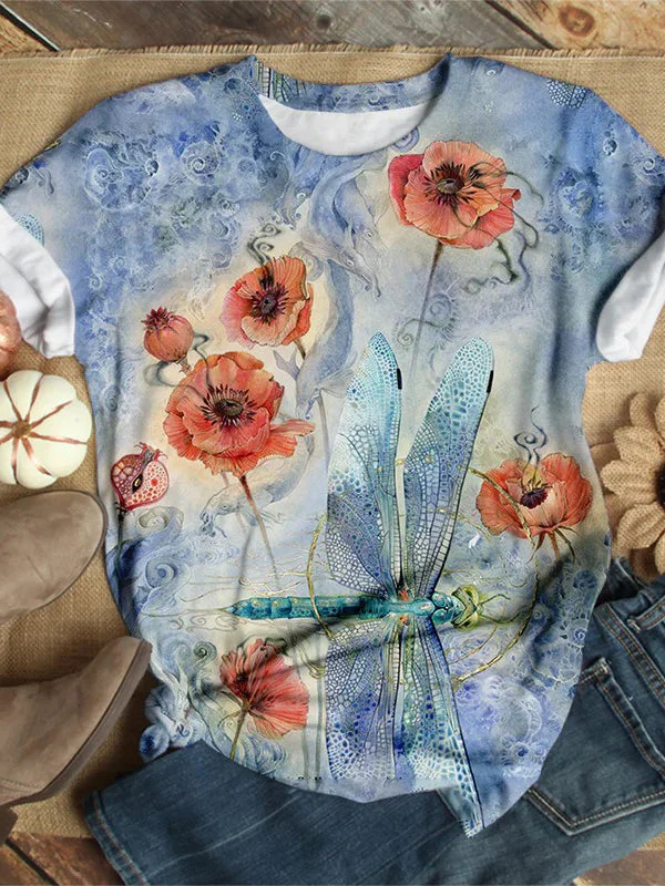 Loose Dragonfly Flower Print Short Sleeve Top