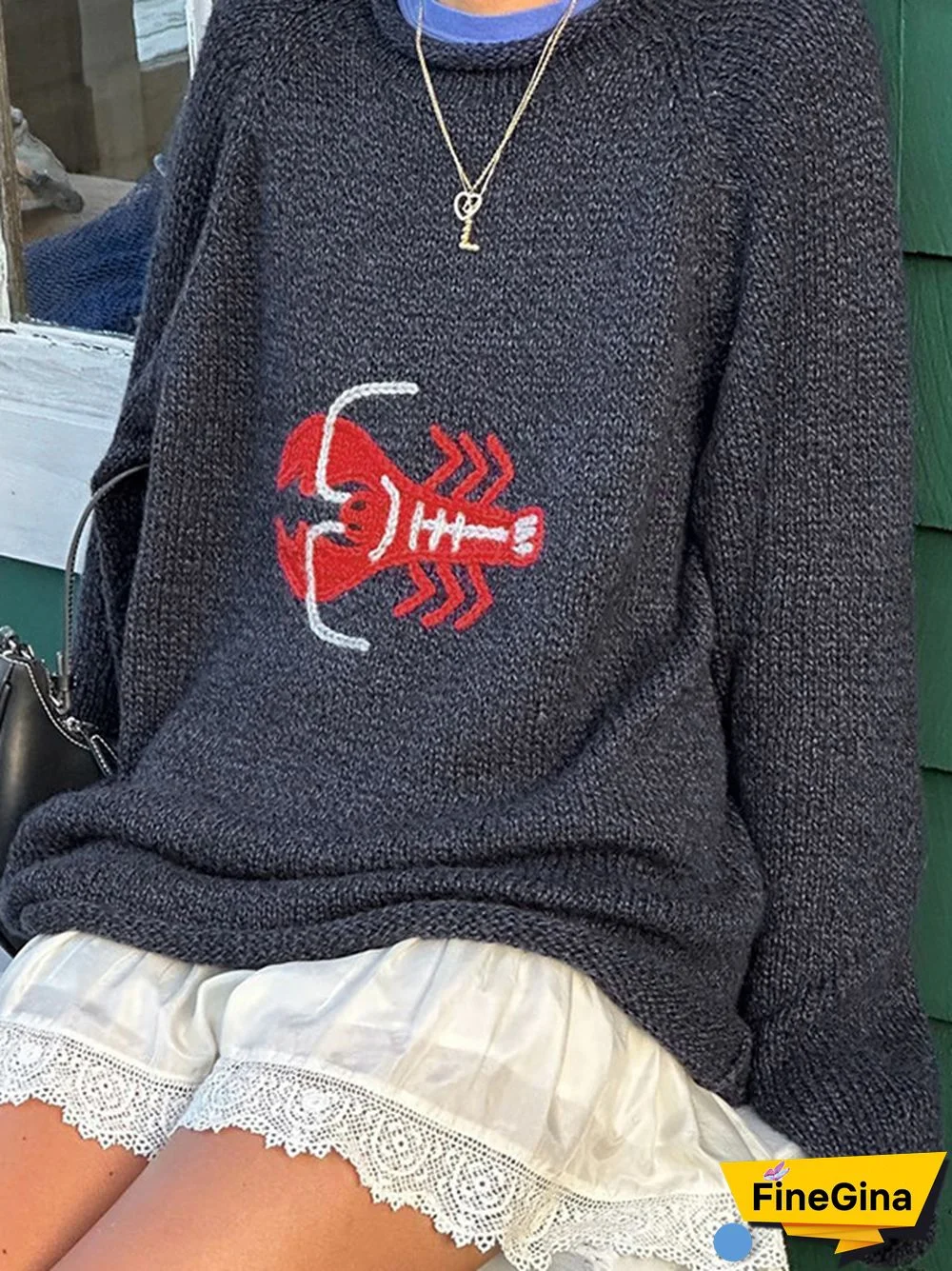 Shrimp Embroidery Crew Neck Loose Sweater