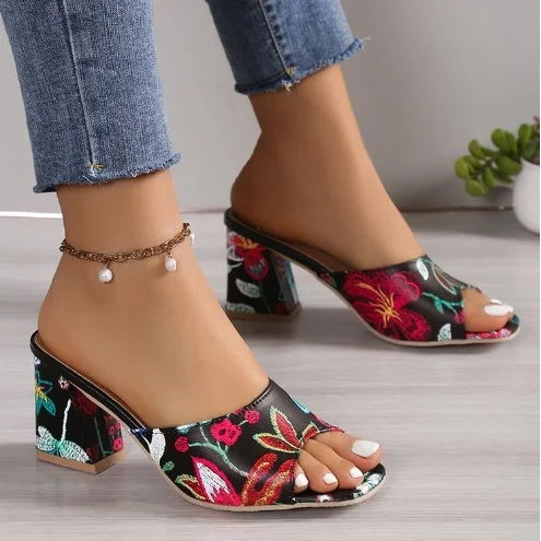 Square Mid Heels Woman,Spring/Fall Mesh Women's Shoes,Pointed toe,Embroidery Flower,Ethnic Hand Made,Female Footware,RED,BLUE