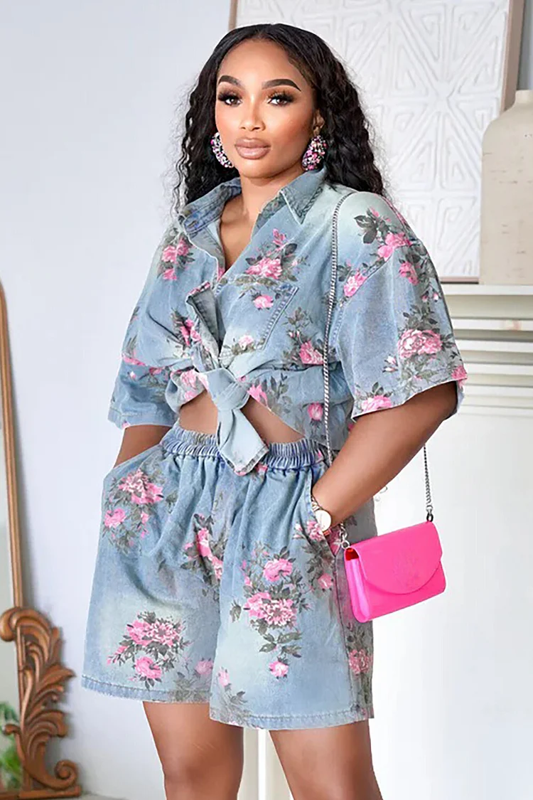 Floral Pattern Denim Short Sleeve Blouse Casual Shorts 2pcs Set-Blue