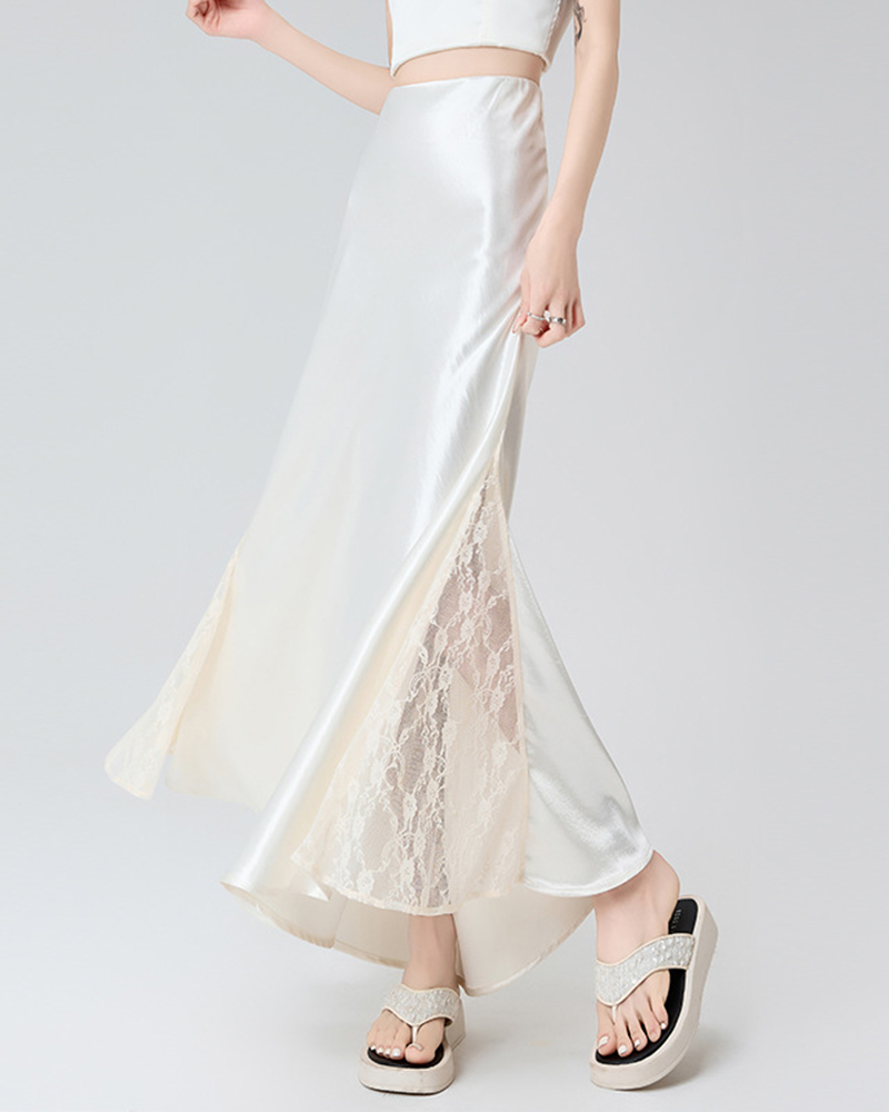 Lace Side Split Patchwork Stain Midi Skirt