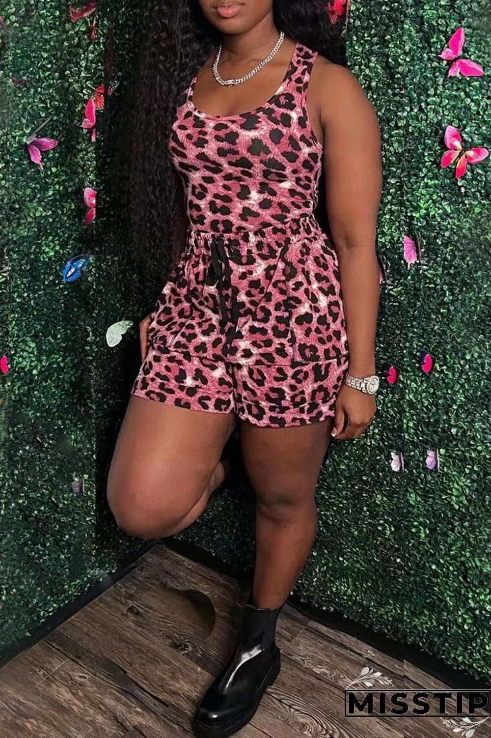 Brown Sexy Casual Print Leopard Basic U Neck Sleeveless Two Pieces