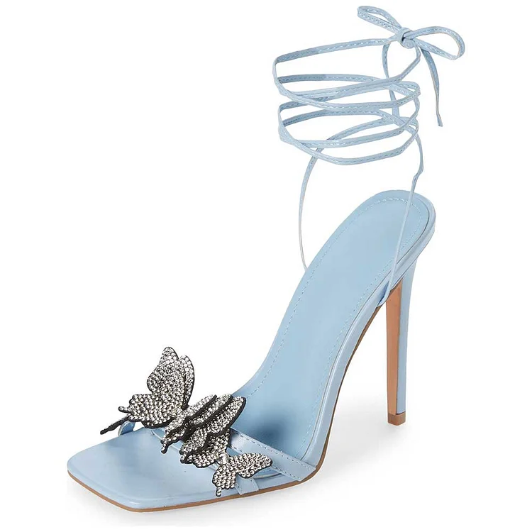 Light Blue Open Toe Rhinestone Butterflies Strappy High Heel Sandals |FSJ Shoes