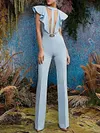 Round-Neck Split-Joint Mesh Falbala See-Through Fashion Jumpsuits