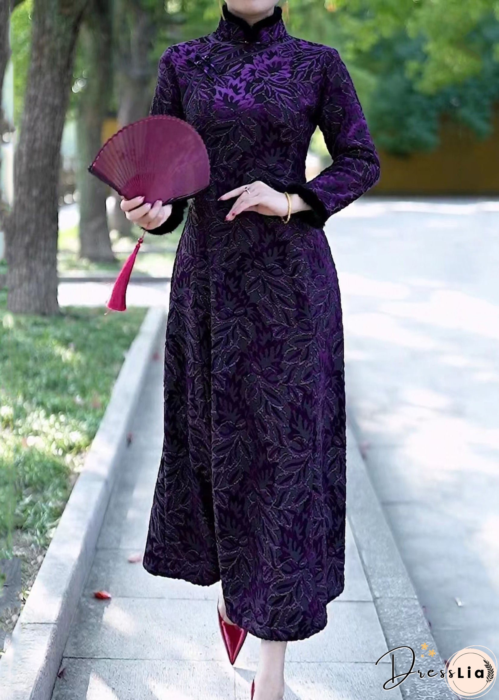 New Purple Fur Collar Button Patchwork Fleece Dress Long Sleeve