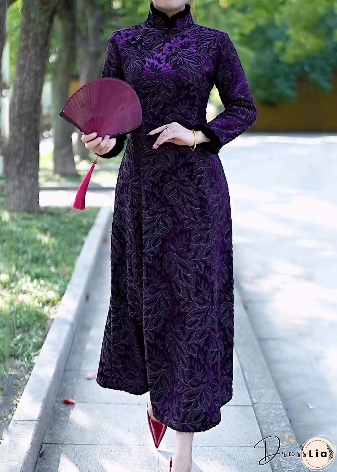 New Purple Fur Collar Button Patchwork Fleece Dress Long Sleeve