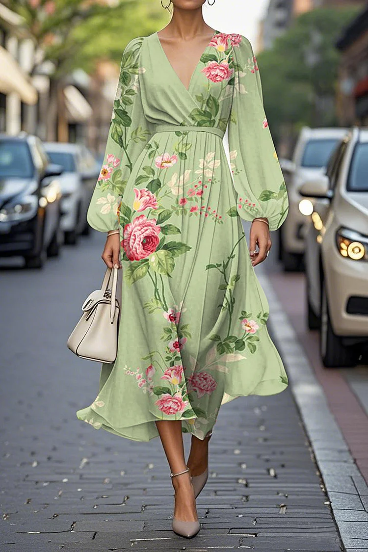 Elegant Floral Print Lantern Sleeve V-Neck A-Line Midi Chiffon Dress